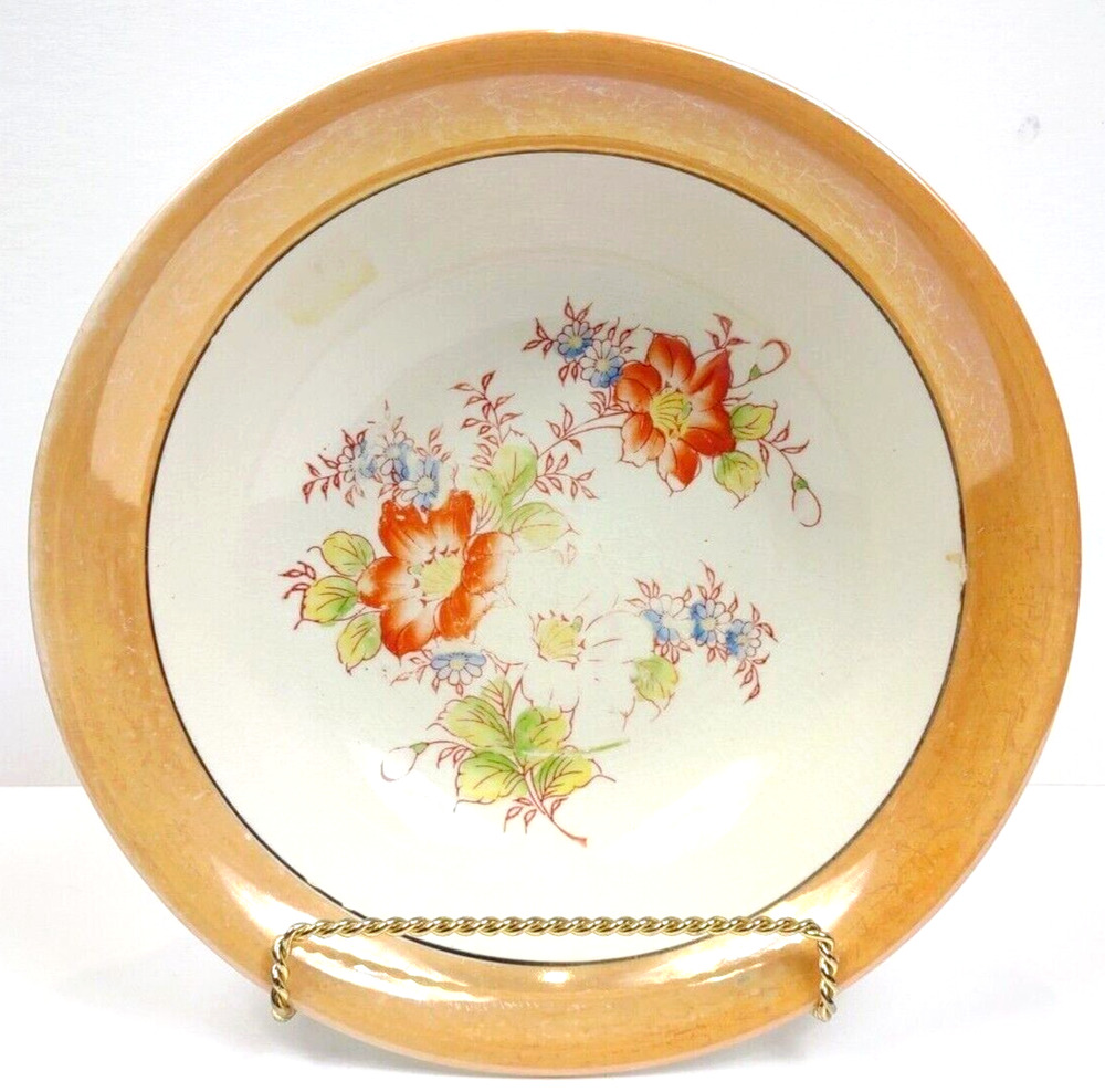 Vintage Japanese Luster Ware Serving Bowl with Floral Center Peach Band 9.5"